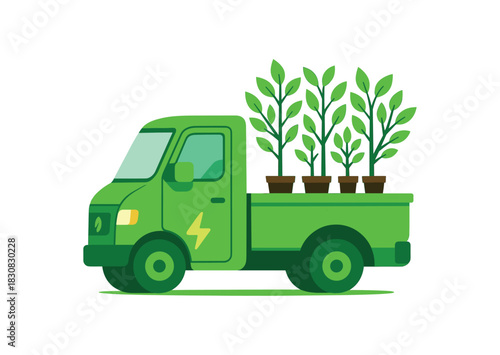 Flat vector illustration of bright electric truck delivering forest saplings bold green accents rounded silhouette minimal detail