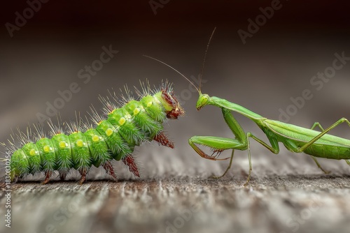 Praying mantis and caterpillar face off on wood