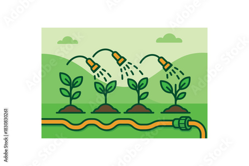 Flat vector illustration of bright irrigation hoses set up for saplings bold green accents rounded shapes clean vector design