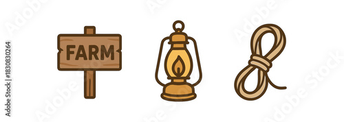 minimal icons farm sign colored wood brown lantern colored gold rope colored beige