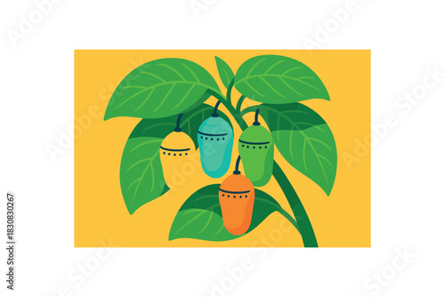Flat vector illustration of colorful butterfly cocoon cluster on vivid milkweed leaves rounded shapes minimal details
