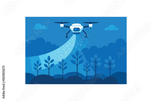 Flat vector illustration of bright drone spraying water mist over forest saplings bold blue tones rounded shapes clean vector style