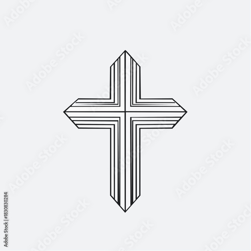 A minimalist geometric cross icon crafted with precise angular lines. This monochrome symbol represents Christian faith, spirituality, and modern religious design