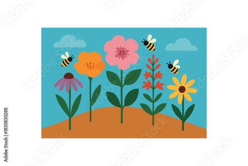 Flat vector illustration of colorful pollinator garden bed with bold native flowers and bees flying rounded shapes minimalistic scene