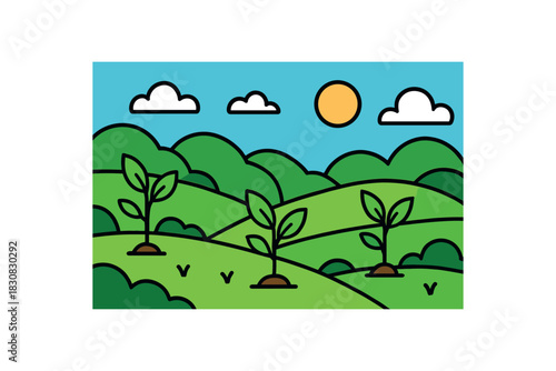 Flat vector illustration of bright landscape with bold green hills and saplings rounded forms clean outline
