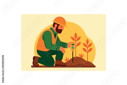 Flat vector illustration of colorful forester measuring soil moisture near saplings vivid tones rounded silhouette minimal details