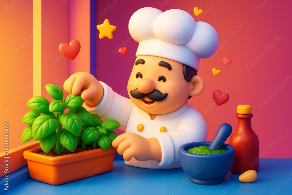 Naklejka premium Cute cartoon chef picking fresh basil plants near window with hearts and stars on colorful background in warm light, preparing delicious sauce. Ai generative