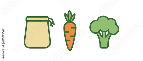 minimal icons reusable produce bags colored beige carrots colored orange broccoli colored green