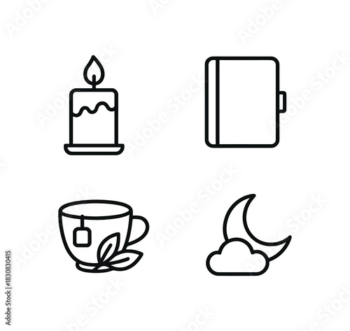 4 minimal icons candle black outline journal black outline herbal tea cup black outline tiny cloud with moon black outline