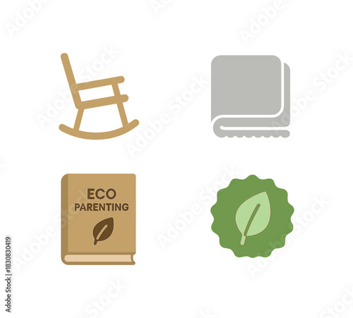 4 minimal icons rocking chair colored light wood baby blanket colored soft gray book about eco parenting colored kraft brown leaf badge colored green