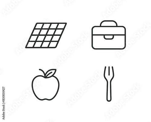 4 minimal icons picnic blanket black outline lunchbox black outline black outline bamboo fork black outline