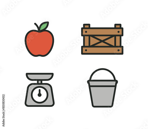 4 minimal icons apples colored red crate colored wood brown scale colored gray bucket colored metal silver