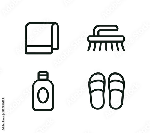 4 minimal icons towel black outline dry brush black outline shower gel bottle black outline slippers black outline