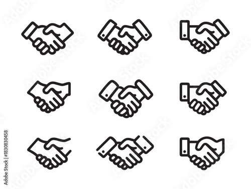 Simple clean business agreement handshake icon collection symbolizing trust teamwork and successful partnership strategies