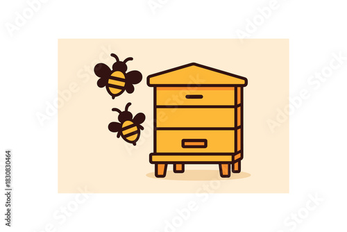 Flat vector illustration of bright beekeeperfriendly hive box with bold bee icons nearby rounded shapes clean flat design