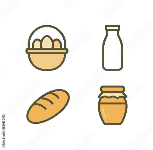 4 minimal icons egg basket colored beige milk bottle colored transparent loaf of bread colored golden brown honey jar colored amber