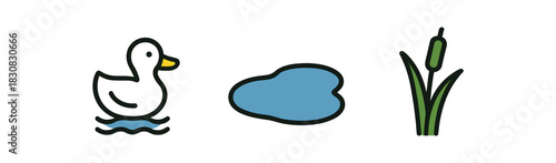 minimal icons duck colored white and pond water colored blue reed colored green