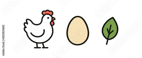 minimal icons chicken colored white and red egg colored cream small leaf colored green
