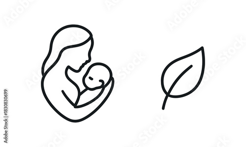 2 minimal icons mom silhouette holding baby black outline small eco leaf black outline thin line eco mom theme isolated on transparent background