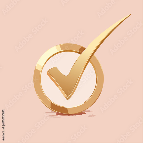 An elegant three-dimensional golden checkmark icon within a circle, a stylish and glossy symbol representing success, approval, and verification