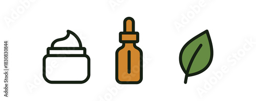 minimal icons face cream jar colored white serum bottle colored amber leaf symbol colored green