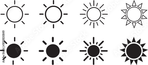Bold silhouette sun icon set featuring rays, heat, daylight, and weather symbols in simple style.