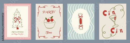 Hand drawn la dolce vita Christmas doodles. Vector illustration cards icon with wine, christmas tree. Minimalist winter line art for invitations, stationery, printables, social media, wall art.