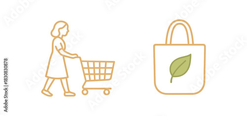 2 minimal icons mom pushing cart outline colored soft beige cotton tote bag colored cream with green leaf icon