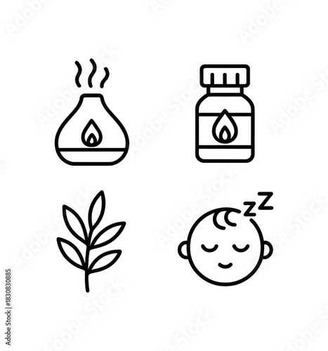4 minimal icons diffuser black outline essential oil bottle black outline plant sprig black outline sleeping baby face icon black outline