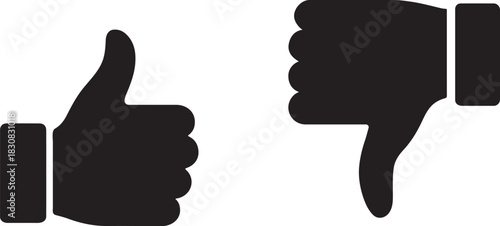 Bold silhouette thumbs up and thumbs down icons, perfect for rating, review, and feedback use.