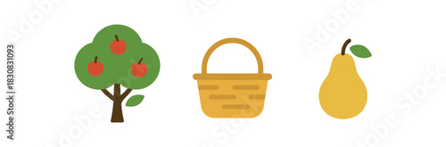 minimal icons tree colored green and brown basket colored straw pear colored