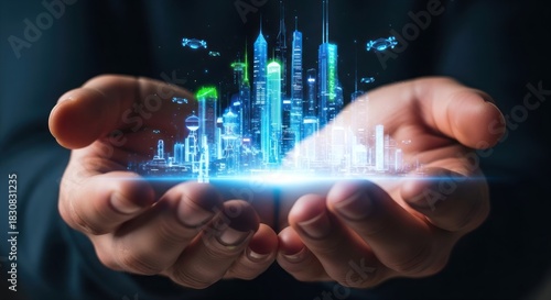 Futuristic Smart City Cradled in Human Hands