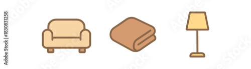 minimal icons couch colored pastel beige blanket colored soft brown floor lamp colored warm