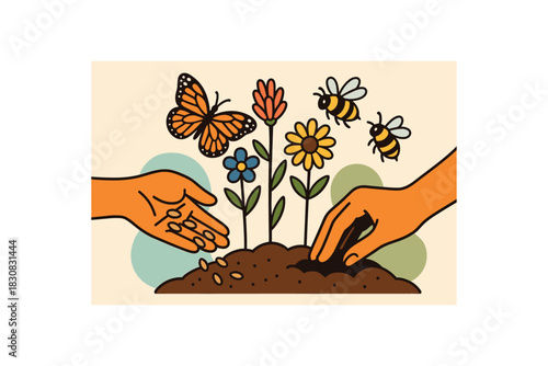 Flat vector illustration of bright hands planting native wildflower seeds with bold bees and butterflies above rounded forms clean outline