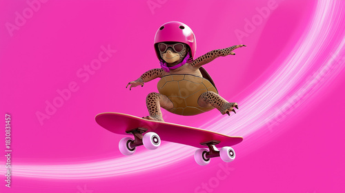  A determined turtle rides a skateboard with perseverance and willpower, pushing forward on its adventure.