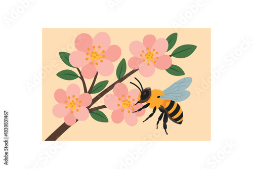 Flat vector illustration of bright mason bee pollinating vivid blossoms on branch rounded petals minimal details