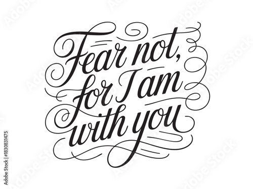 A decorative hand-lettered design featuring the inspirational religious phrase Fear not, for I am with you.