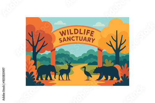 Flat vector illustration of bright wildlife sanctuary entrance with bold trees and animals silhouettes rounded shapes clean vector style