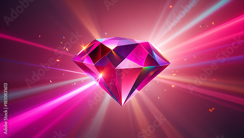 A vibrant faceted pink gemstone radiates brilliant light beams and sparkling particles against a dark ethereal background symbolizing luxury and magic