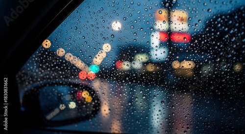 Rainy night view from car window with blurred city lights bokeh.