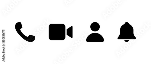 Phone call, video camera, user profile, and notification bell icon. Social media communication ui symbol