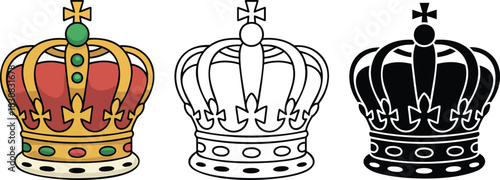 Royal crown silhouette & Outline and illustration set isolated on transparent background