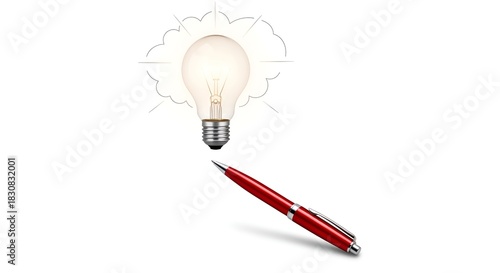 Creative idea process with glowing light bulb and red pen.
