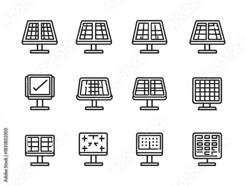 Ultra minimalist 2D line solar panel icon set for ecofriendly energy and technology illustrations