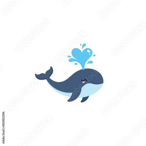 Adorable whale character illustration with a heart shaped water spout expressing love and peace in