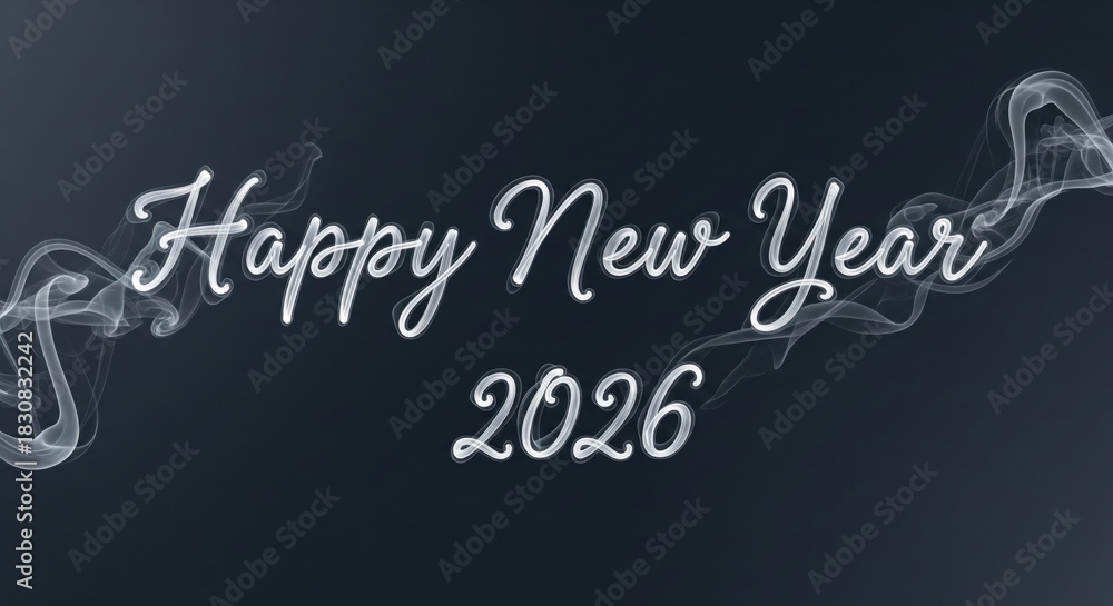 Obraz premium Smoke-like transparent ink Happy New Year 2026 text with soft swirling motion for seamless morphing