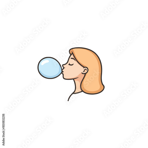 Cartoon illustration depicting a young woman joyfully blowing a blue bubble with her blonde hair