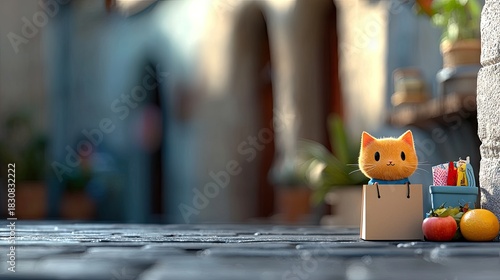 Fototapeta Naklejka Na Ścianę i Meble -  Whimsical Orange Cat Character Peeking Out Of Shopping Bag With Small Plants And Fruits Nearby On Cobblestone Street With Soft Sunlight And Blurred Building Background