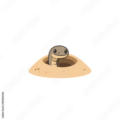 Cartoonish depiction of a reptile with big eyes coming out of a hole in the ground so cheerful