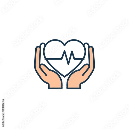 Conceptual illustration of hands protectively cradling a heart with a pulse line symbolizing